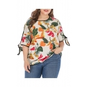 Womens Summer Fancy Floral Print Round Neck Bow Short Sleeve Casual Beige Blouse Top
