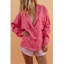 New Stylish Simple Plain Lapel Collar Long Sleeve Double Breasted Loose Red Blouse