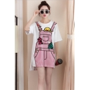 Womens Summer Round Neck Short Sleeve Cartoon Pink Striped Print Slit High Low Shift T-Shirt Dress