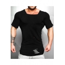 Summer Mens Square Neck Short Sleeve Hollow Out Ripped Sport Fitted T-Shirt
