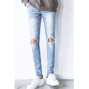Guys Popular Fashion Simple Plain Light Blue Washed Casual Slim Ripped Jeans with Holes