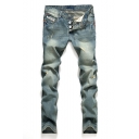 Men's Retro Fashion Light Blue Vintage Washed Button-fly Slim Fit Ripped Jeans