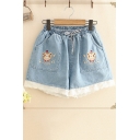 Summer Drawstring Waist Lace Hem Bear Embroidered Multi Pocket Leisure Denim Shorts