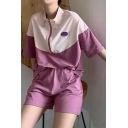 Summer Colorblock Stand Collar Half Sleeve T Shirt with Plain Shorts Casual Loose Two Piece Set