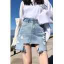 Summer Hot Popular High Waist Distress Asymmetric Raw Hem Mini A-Line Denim Skirt