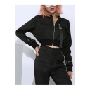Girls Hot Stylish Cool Simple Plain Buckled Cuff Long Sleeve Strap Embellished Zip Up Cropped Jacket