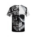 Summer Letter Skull Print Basic Short Sleeve Round Neck Black And White T-Shirt