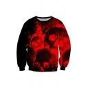 Halloween Red Skull 3D Printed Round Neck Long Sleeve Casual Loose Pullover Sweatshirt