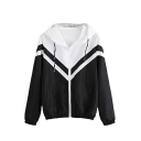 Women's Color Block Chevron Stripe Drawstring Hooded Zip Up Sport Jacket