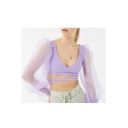 Womens Simple Plain Sheer Patch Blouson Long Sleeve Plunge Neck Cropped Shirt