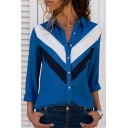 Womens Fashion Colorblock Print Lapel Collar Long Sleeve Casual Shirt Blouse