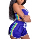 Hot Popular Blue Sport Styles Stripe Side Strapless Bandeau Top with Elastic Dolphin Shorts Co-ords