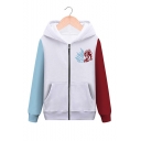 Colorblock Logo Printed Long Sleeve White Casual Zip Up Hoodie with Pocket