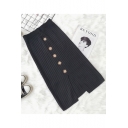 Women Elegant Sun Pattern Button Embellished Split Front Knit Midi Pencil Skirt