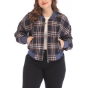 Women Boxy Color-Block Plaid Pattern Stand Collar Long Sleeve Casual Cropped Jacket