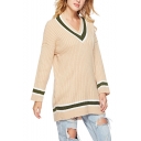 Womens Casual Patchwork Print V-Neck Drop Sleeve Longline Sweater
