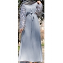Womens Fashion Round Neck Long Sleeve Bow-Tied Waist Panelled Sequined Plain A-Line Maxi Dress