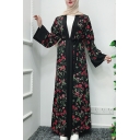 New Fashion Moslem V-Neck Long Sleeve Floral Print Bow-Tied Wait Black A-Line Maxi Dress