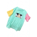 Summer New Stylish Patch Sleeve Round Neck Comic Character Printed Colorblock Loose T Shirt