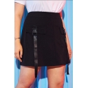 Summer Trendy Black High Waist Bag Bucket Belt Pocket Front Mini A-Line Cargo Skirt