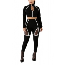 Hot Stylish Long Sleeve Zip Front with High Wait Pants Contrast Trim Mesh Patch Fitted Black Co-ords