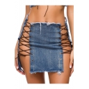 New Arrival Hot Sexy Blue High Waist Cutout Lace Up Side Skinny Mini Denim Skirt for Night Club