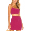 Sexy Straps Sleeveless Umbilical Tee with High Waist Ring Buckle Embellished Mini Skirt Pink Co-ords
