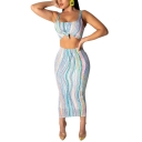 Women's Trendy Colorful Line Stripe Print Crop Tank with Maxi Pencil Skirt Co-ords
