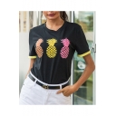 Womens Summer Short Sleeve Round Neck Pineapple Printed Relaxed Balck Tee