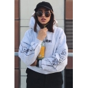 Simple Embroidered Letter Print Long Sleeve Gray Loose Crop Hoodie