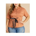 New Stylish Bow Tie Front Stand Collar Short Sleeve Plain Button Down Plus Size Brown Shirt