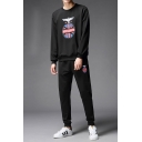 Mens Casual Fashion Eagle Graphic Pattern Long Sleeve Round Neck Pullover Sweatshirts Relaxed Fit Sports Pants Two Piece Set