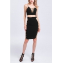 Ladies Sexy Black Plain Hardware Sleeveless Strap Cami with High-Waist Skirts Bare Sides Co-ords