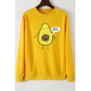 Simple Letter Cartoon Avocado Printed Round Neck Long Sleeve Pullover Sweatshirt