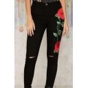 New Stylish Higt Waist Busted Knees Floral Embroidery Print Black Skinny Jeans