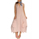 Womens Summer V-Neck Sleeveless Button Pockets Plain Slit Asymmetrical Shift Maxi Dress