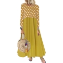 Womens Hot Fashion Round Neck Long Sleeve Polka Dot Panelled Loose Pleated Swing Maxi Dress