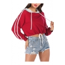 New Stylish Color Block Striped Long Sleeve Burgundy Cropped Hoodie