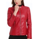 Womens New Stylish Red Stand Collar Long Sleeve Zip Up Slim Fit PU Jacket