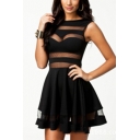 Womens Sexy Transparent Mesh Patched Sleeveless Mini A-Line Dress