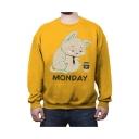 Cute Cartoon Cat Letter MONDAY Printed Men's Round Neck Casual Sweatshirt