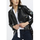 Womens Fancy Floral Embroidery Notched Lapel Collar Long Sleeve Belted Waist Zip Up PU Biker Jacket