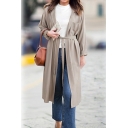 Notched Lapel Open Front Tied Waist Long Solid Color Trench Coat