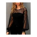 Womens Hot Trendy Sexy Plaid Print Sheer Patched Long Sleeve Round Neck Black Blouse