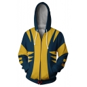 Hot Fashion Colorblock Pattern Comic Cosplay Costume Blue and Yellow Long Sleeve Zip Up Hoodie