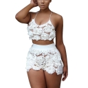 Ladies Sexy Plain Floral Organza Halter Top with Slim Fit Shorts Co-ords