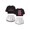 Trendy BTS Idol MAP OF THE SOUL PERSONA Letters Print Short Sleeve Midriff Crop Tee with Elastic Dolphin Shorts Co-ords