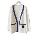 Womens Autumn Winter White Blue Patchwork Print Long Sleeve Cardigan with M Letter Print Pockets