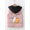Preppy Cute Cats Printed Colorblocked Hooded Zipper Padded Vest