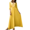 Womens Sexy V-Neck Long Sleeve Floral Print Ruched Bow-Tied Waist Yellow A-Line Maxi Dress
